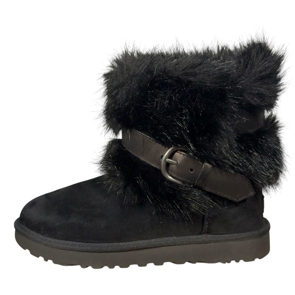 UGG Womens Size 8 Black Classic Buckle Mini Boots Suede Faux Fur Pull On Bootie